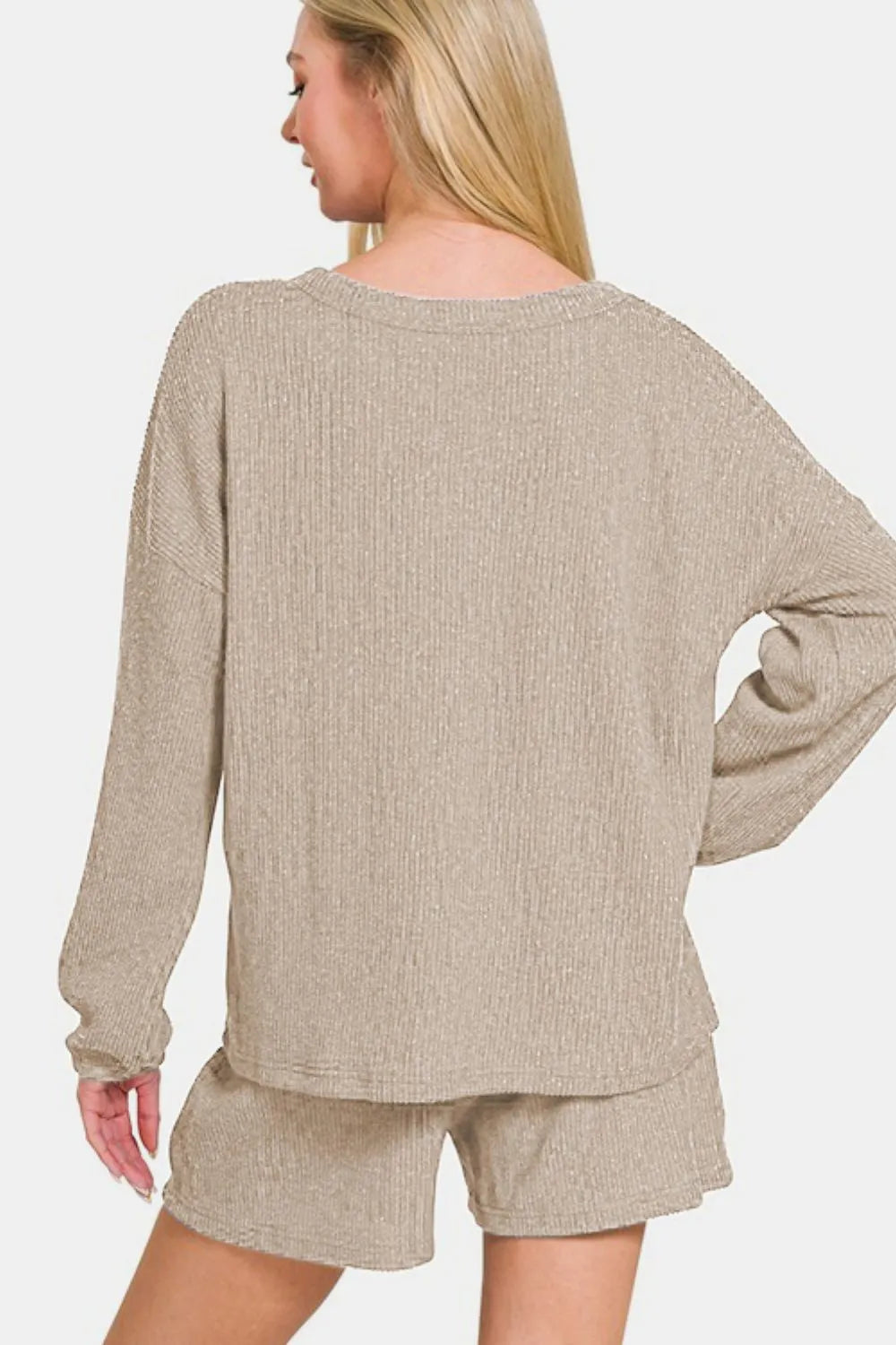 Zenana V-Neck Long Sleeve Ribbed Top and Shorts Set 0060660e-2330-481e-8d95-3e1acf03bfcf-Max