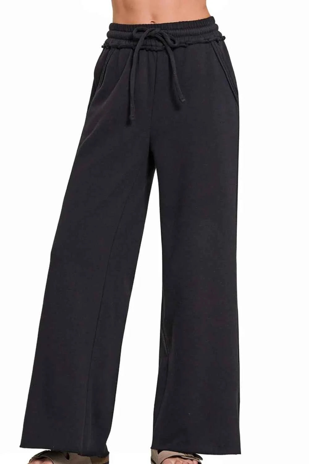 Zenana Fleece Exposed Seam Wide Leg Sweatpants BLACK 00669b08-db36-4e47-8932-375278cfb5dc-Max-Origin