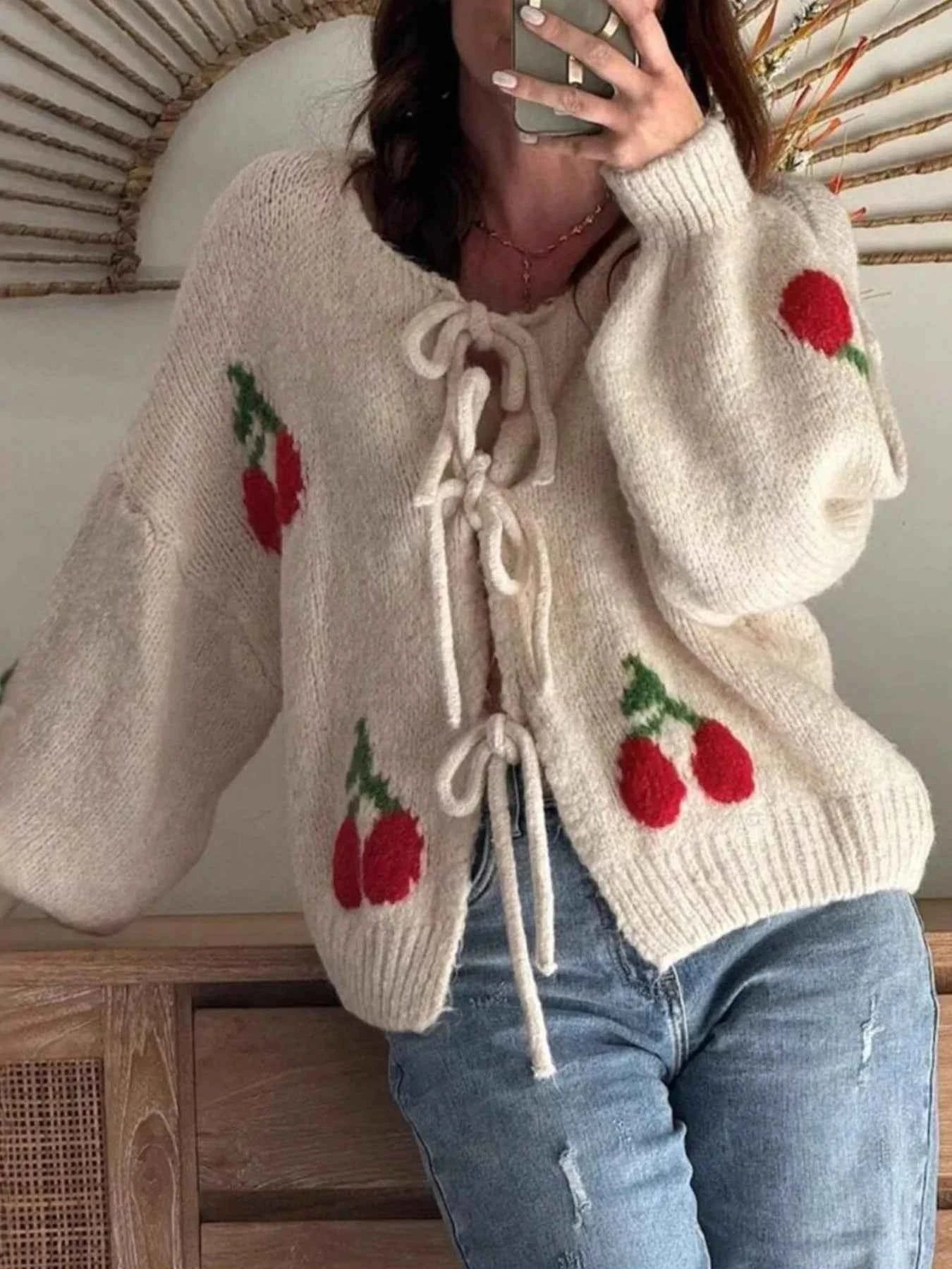 Cherry Pattern Tie-Front Oversized Cardigan 006b03b7-6d56-4816-a398-a4b964e26e68-Max-Origin