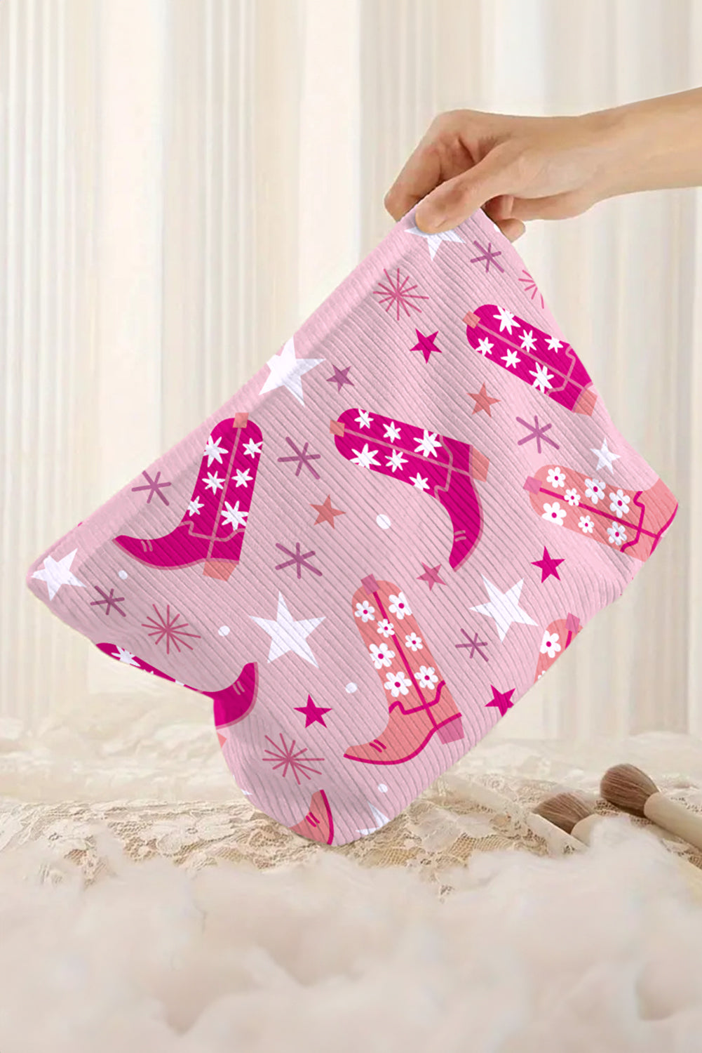 Pink Western Cowboy Boots Print Corduroy Makeup Bag 00818360deadf744
