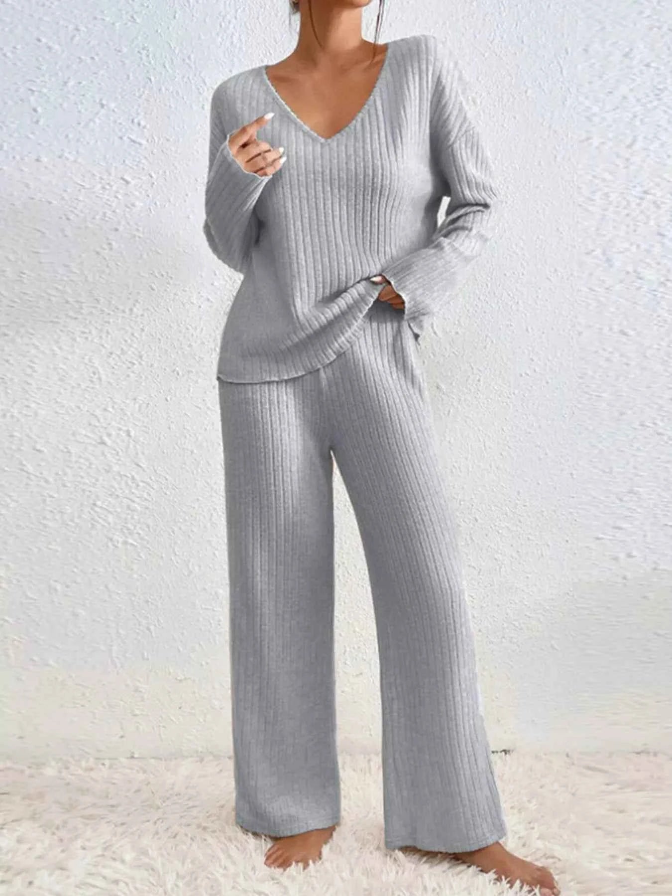 Ribbed Knit V-Neck Top and Pants Set Gray 00866df2-736e-48a7-a4e1-79b041822440-Max-Origin