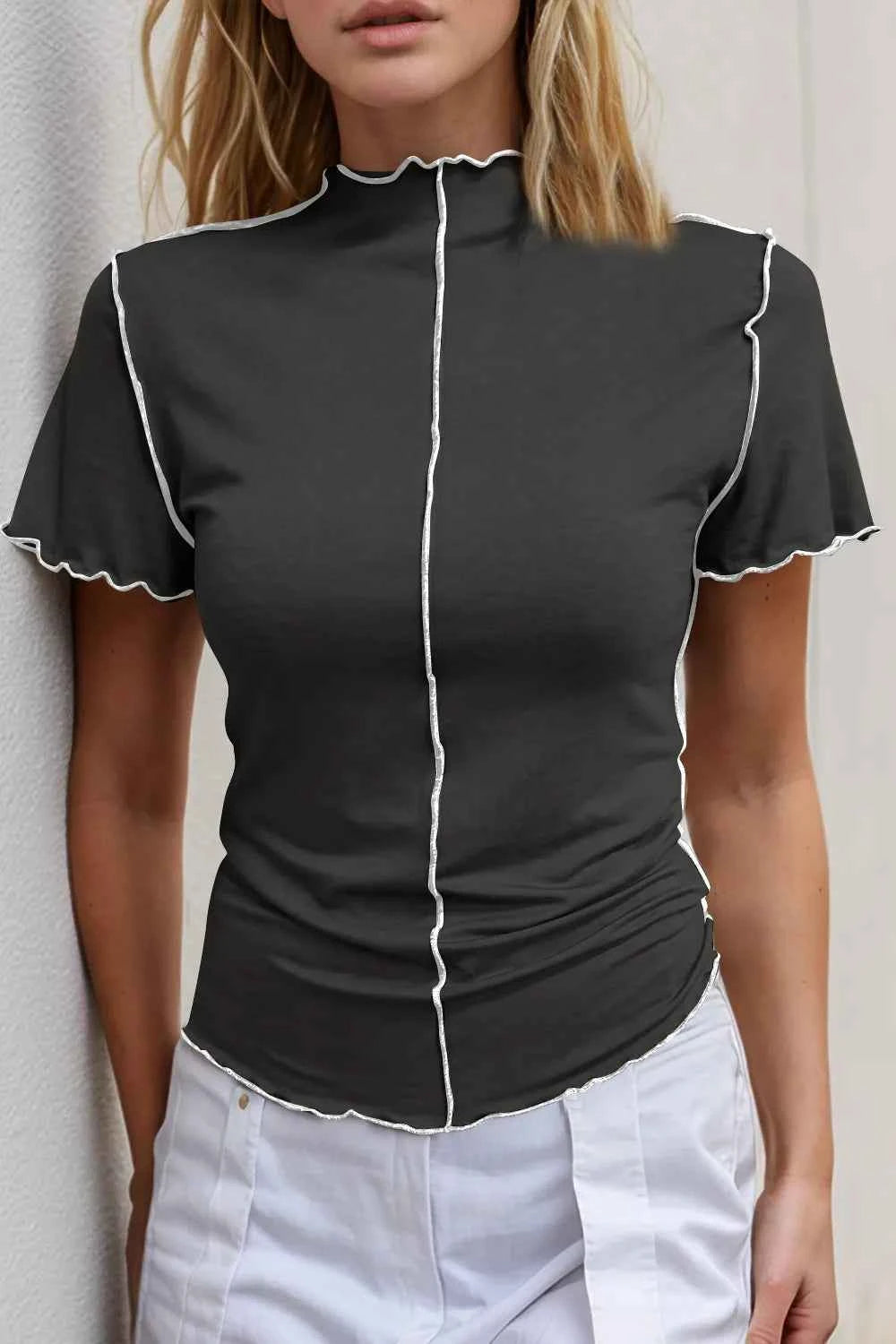 Basic Bae Contrast Trim Mock Neck Short Sleeve T-Shirt Black 0086f2fa-af64-4cb0-ad9f-53580d537d4e-Max