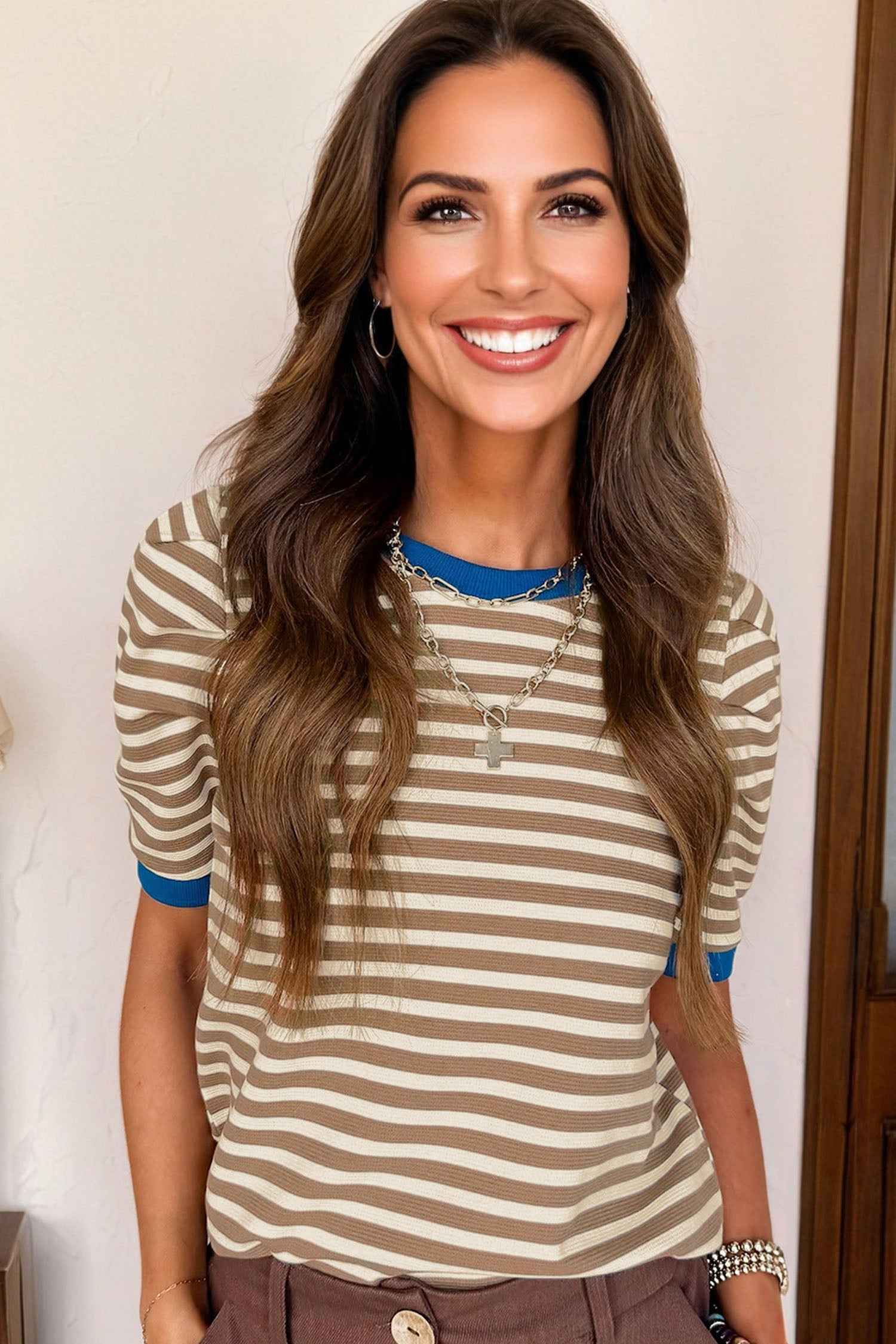 Brown Stripe Short Puff Sleeve Contrast Trim Round Neck Tee 008e4285a41e6b2f