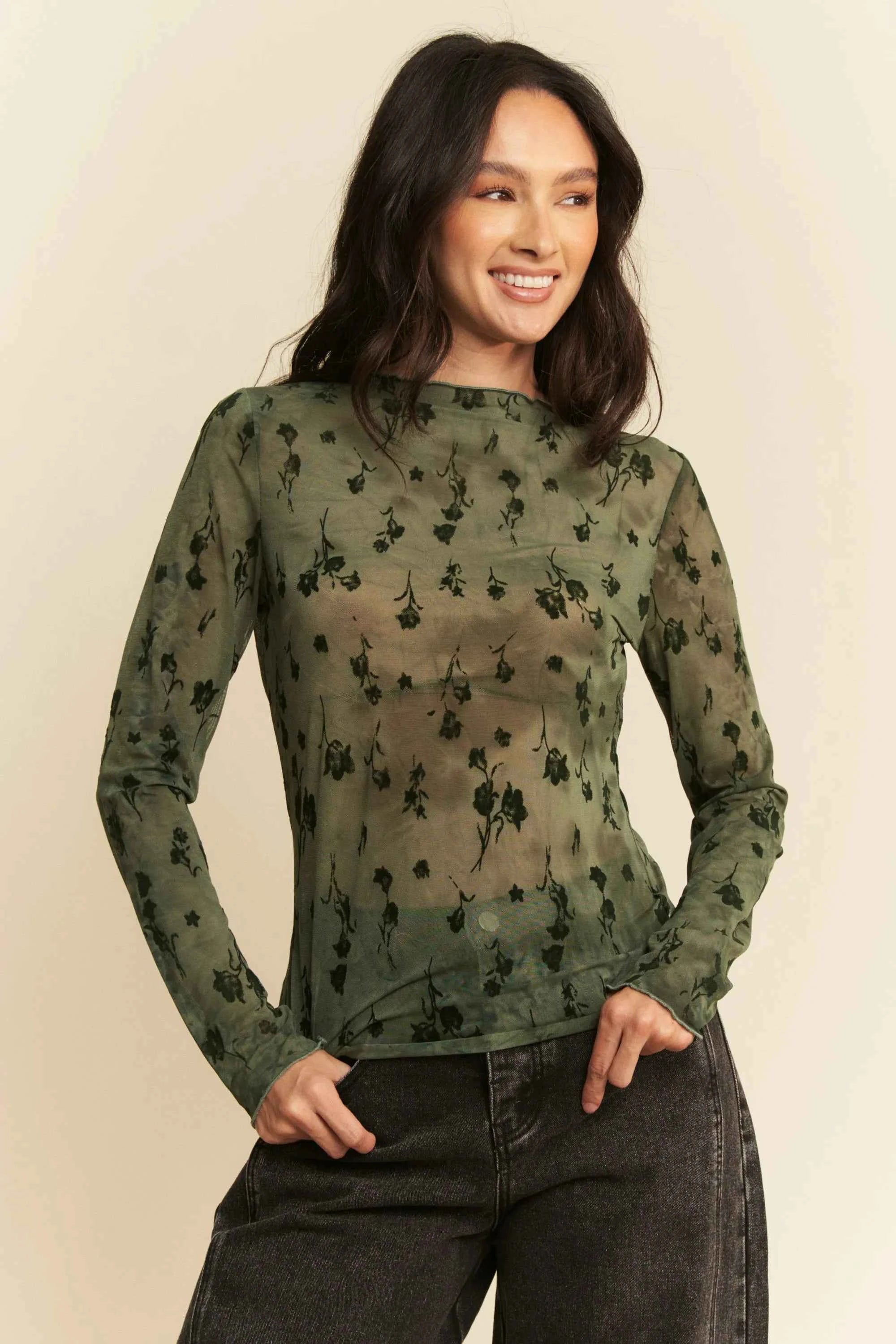 Davi & Dani Floral Mesh Long Sleeve Sheer Layering Top ARMY OLIVE 008f8d2e0a414ae18592927a3061ac9f-Max-Origin