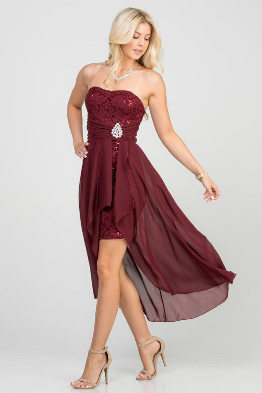 Women’s Strapless Chiffon High-Low Dress – Lace Bodice Open Back Cocktail Dress 0092577d-df15-4252-92d3-e8acfb841e59