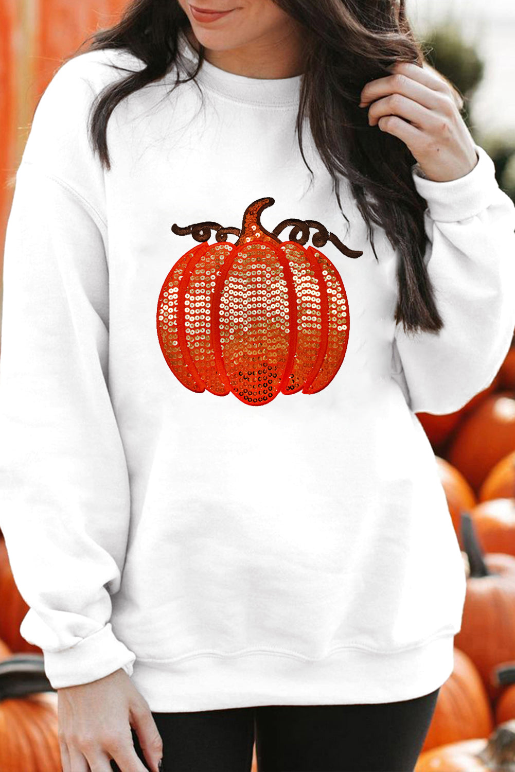 White Sequin Pumpkin Patched Casual Pullover Graphic Sweatshirt 0093b8389da145d6