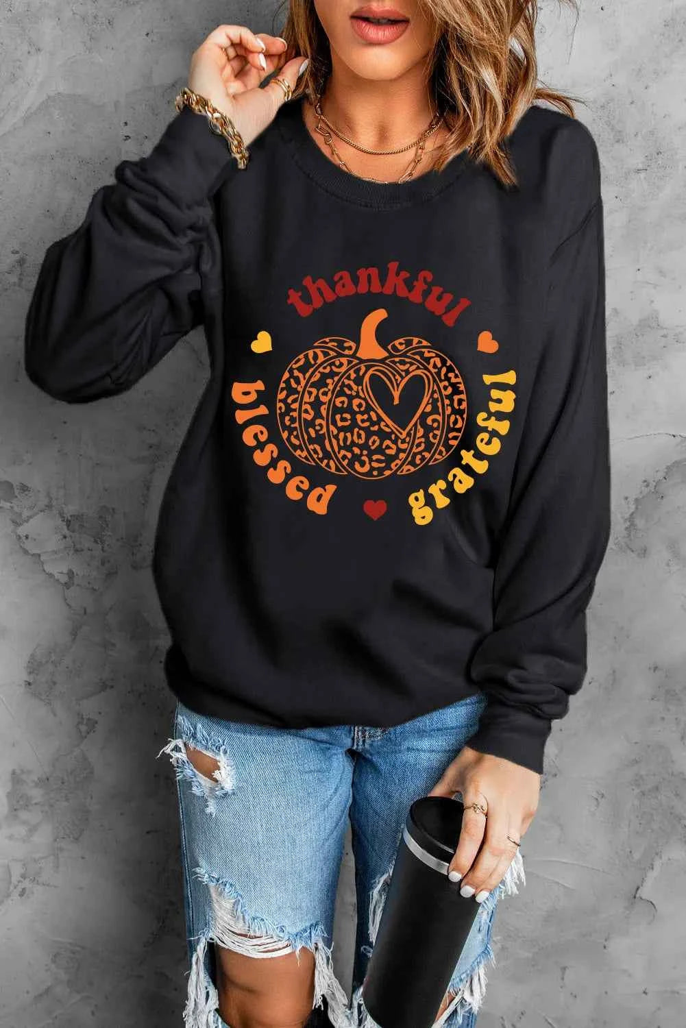 Pumpkin Graphic Long Sleeve Sweatshirt Black 00943196-be74-4a81-ae8a-90cd9c4ca411-Max