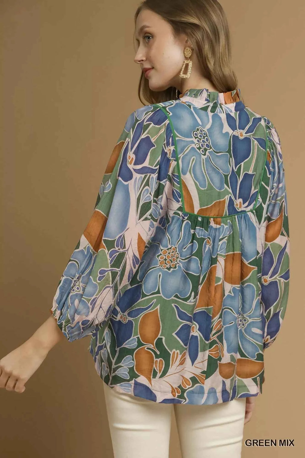 Umgee Multicolor Abstract Floral Print Blouse with Ruffle Neck 009455f1-ab1a-4c41-87b3-cb6d154fba6f-Max-Origin