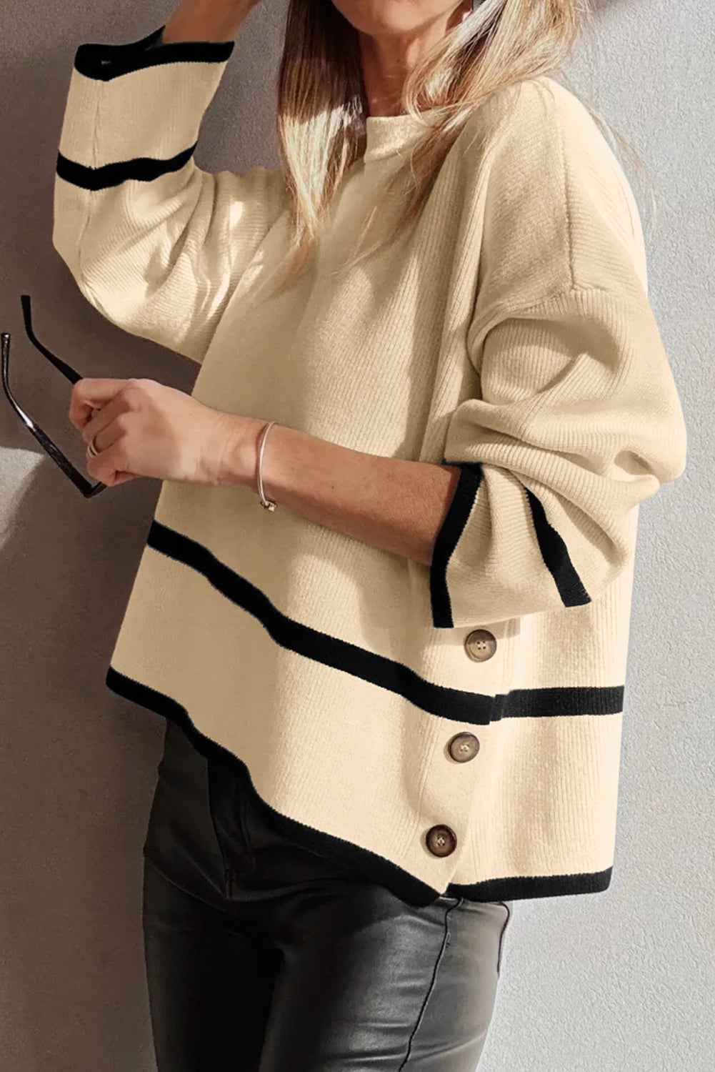 Beige Ribbed Knit Contrasted Stripe Detail Button Side Loose Sweater 009dcbe8c67b7442