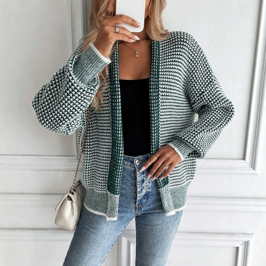 Green Plaid Jacquard Knit Cardigan
