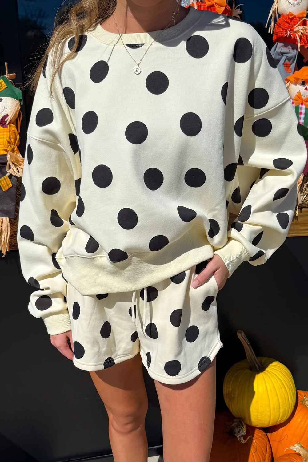 Sky Blue Polka Dot Print Drop Shoulder Pullover Drawstring Shorts Set 00a1d0f99013b453