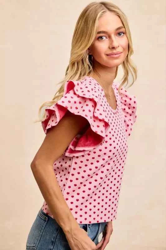 BiBi Heart Patterned Knit Ruffled Sleeves Top 00a3fc91-f360-4be7-9174-66ff05fe85ad-Max-Origin