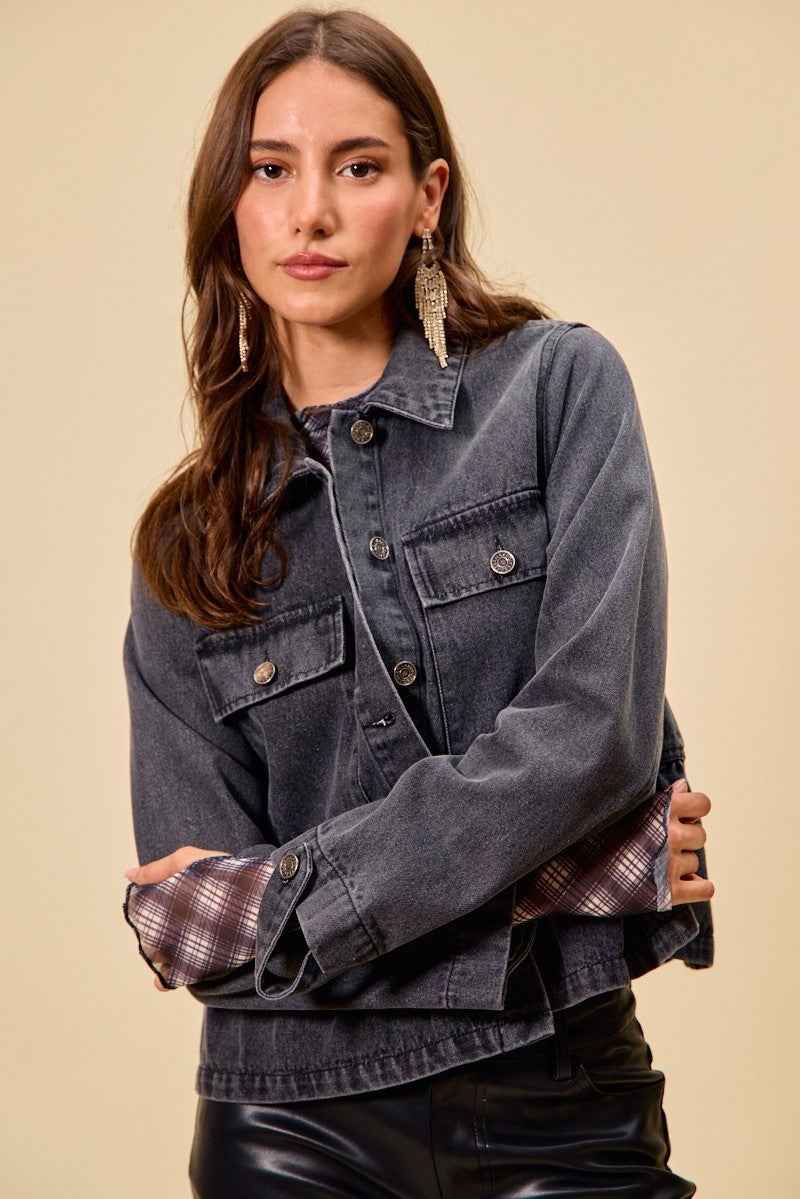 SO ME Denim Peplum Hem Front Button Jacket With Pockets 00a93f8e5541469eac3f34b080e7196d-Max