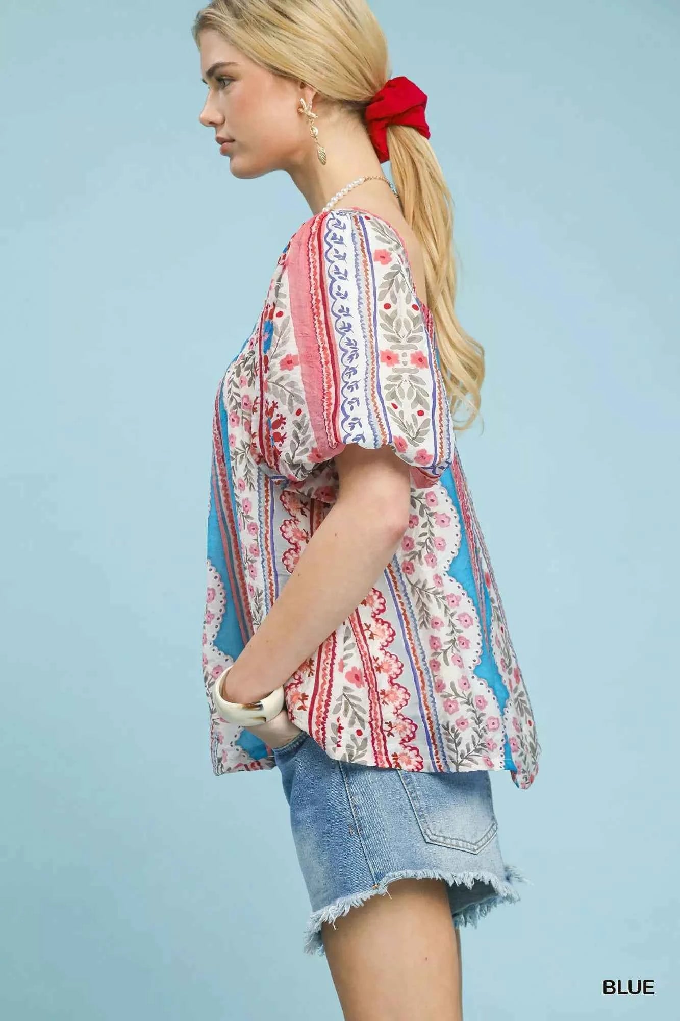 Umgee Patchwork Puff Sleeve Smocked Blouse