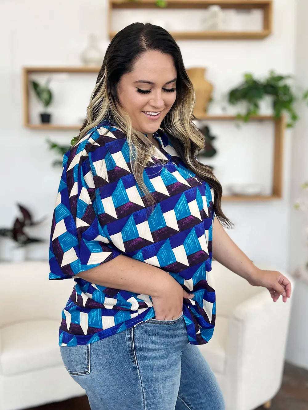 Double Take Full Size Geometric Notched Half Sleeve Blouse 00acc997-d3e4-47aa-9a85-73f454c74ddf-Max