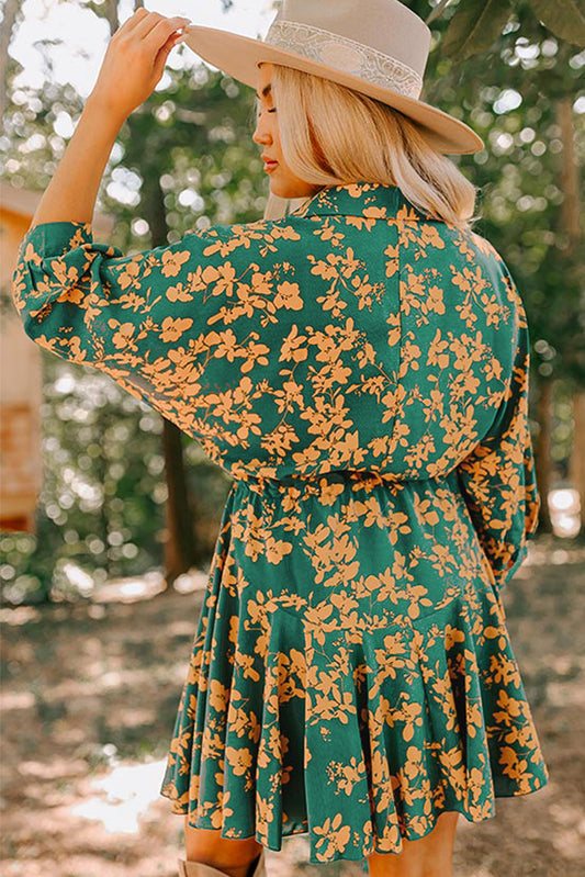 Green Floral Print Drawstring Flowy Short Dress 00ad31c3ea292184