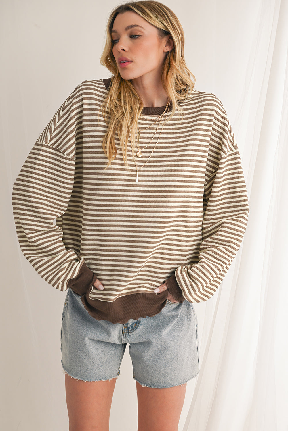 Brown Stripe Drop Shoulder Long Sleeve Top 00b3aa33e4e1cf67