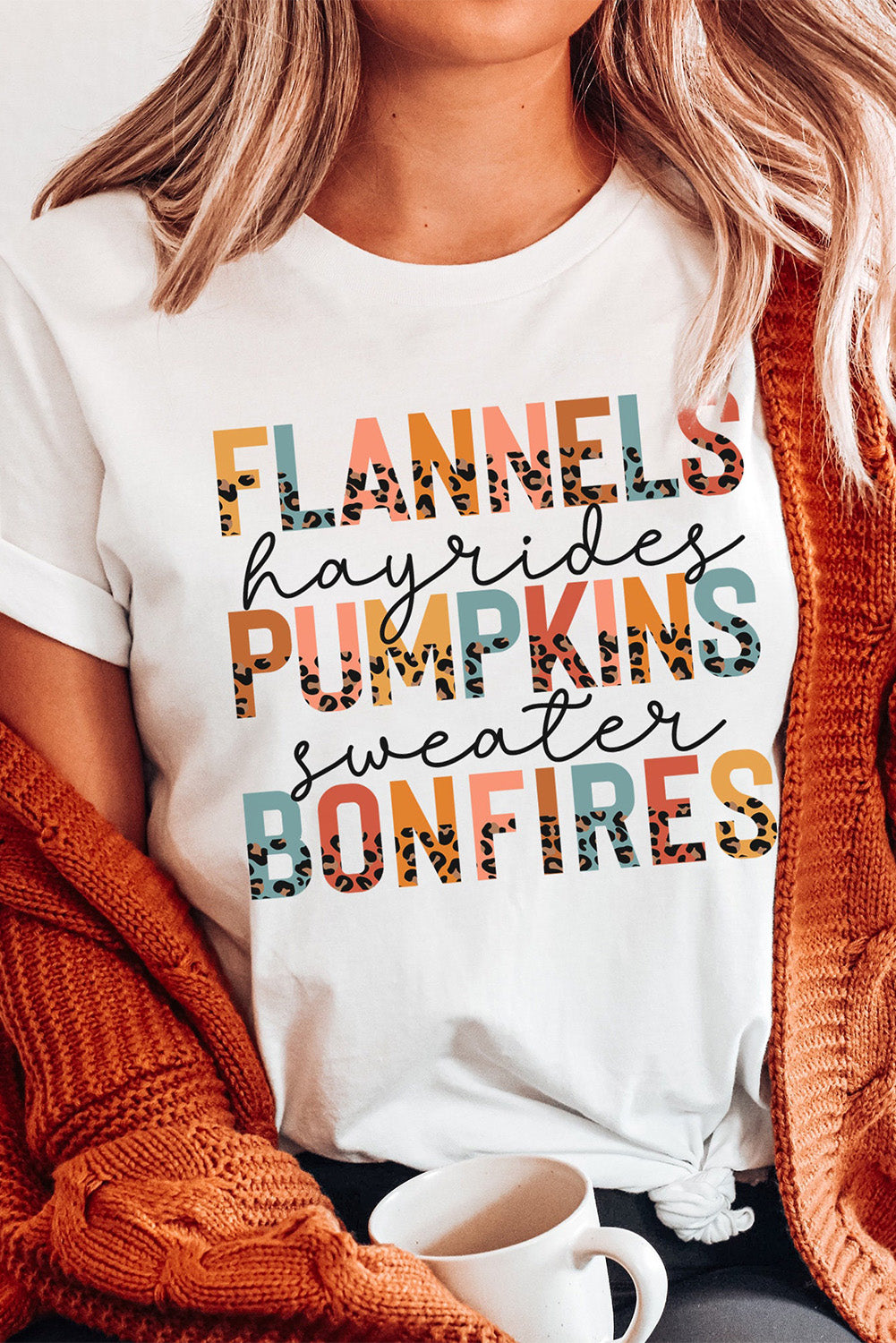 White FLANNELS PUMPKINS BONFIRES Chic Letter Heat Transfer Printing Graphic Tee 00b571f46950c2a4