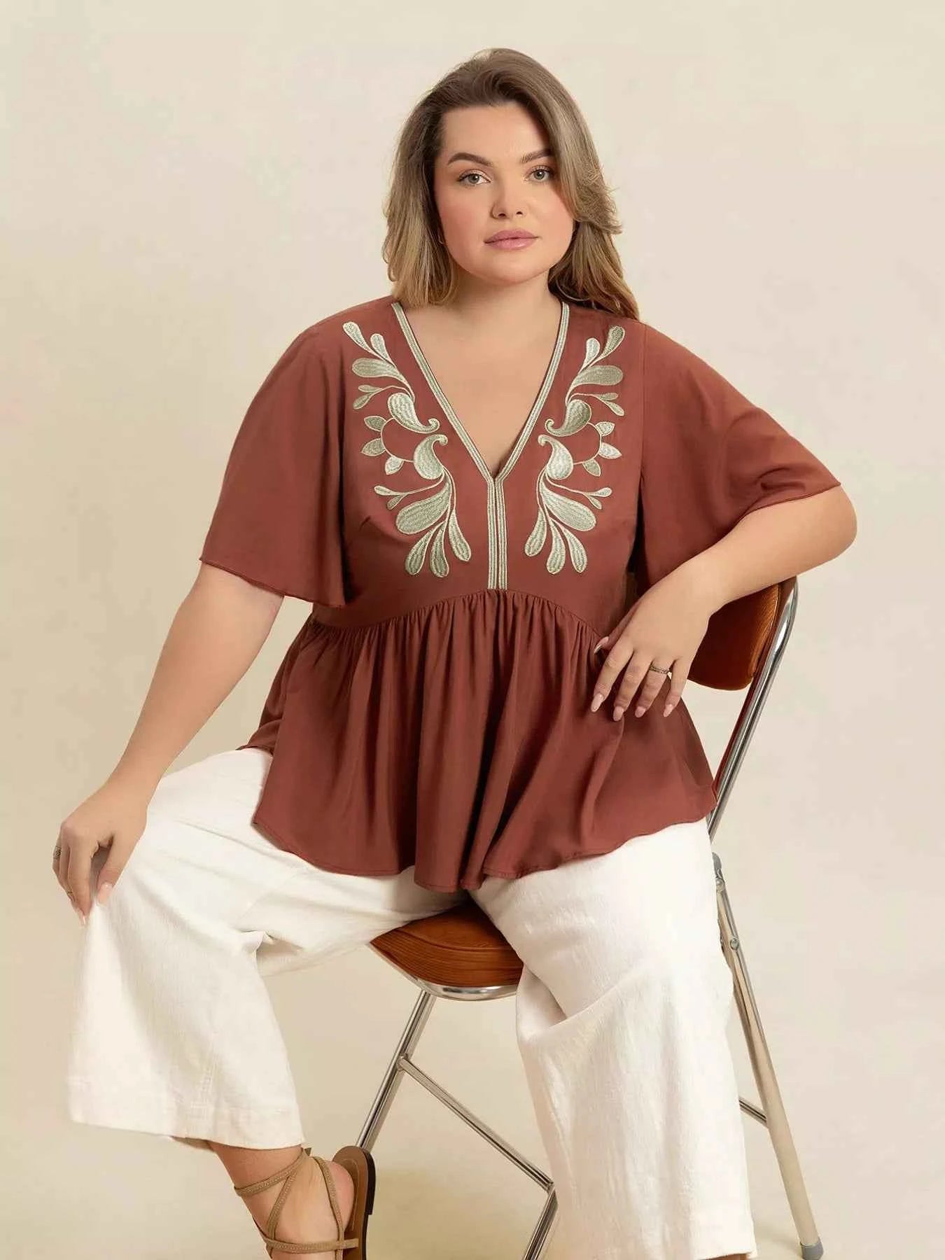 Plus Size Embroidered V-Neck Flutter Sleeve Blouse 00b5dfb7-ed3f-431f-ad79-aac7a892c580-Max-Origin