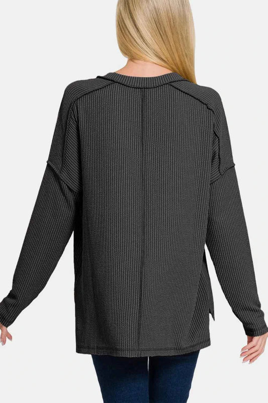 Zenana Texture Exposed Seam V-Neck Long Sleeve T-Shirt 00b7b9cc-3bba-45f3-9f53-aa79ea20d7ed-Max