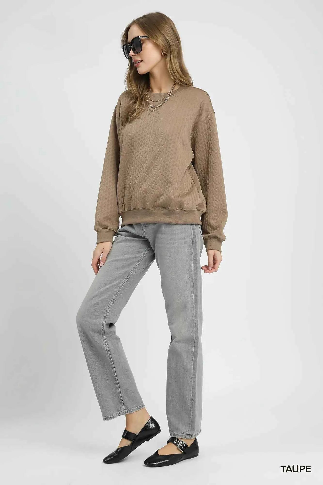 Umgee Cable Texture Pattern Sweatshirt with Ribbed Hem 00ba06d0-594e-4c20-9da0-29405d67c2ac-Max-Origin