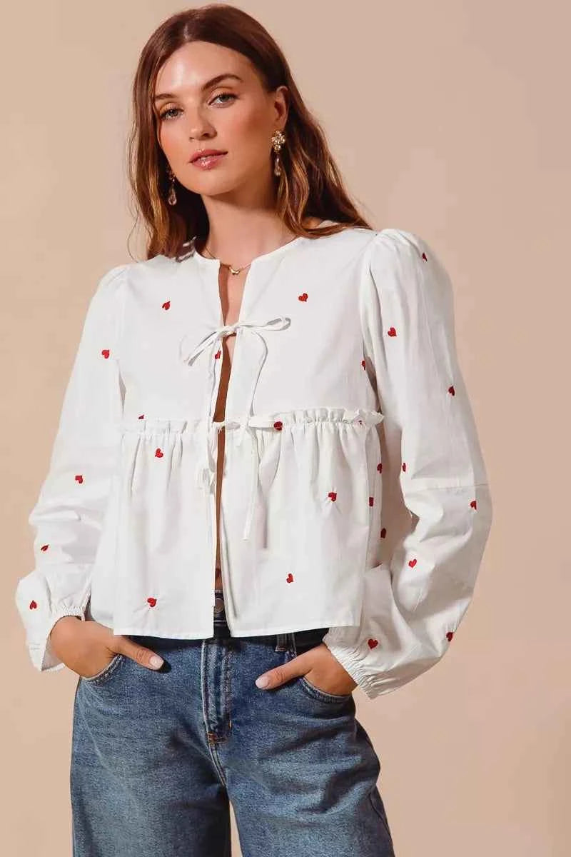 SO ME Front Tie Heart Embroidered Blouse With Puff Sleeve IVORY 00c8dc0f2e2f4e29b778bd53ef01dd63-Max-Origin