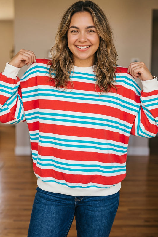 Red Stripe Striped Colorblock Long Sleeve Round Neck Tunic Plus Size Sweatshirt Red Stripe 95%Polyester+5%Elastane 00d26095e4beae59