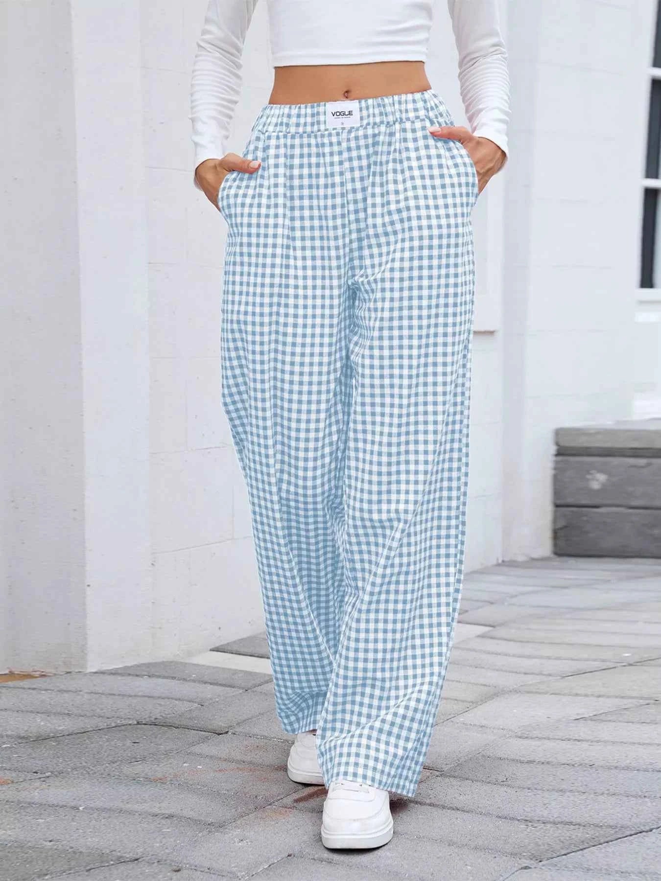 Plaid Wide Leg Casual Pants Light Blue 00d8199e40ce4185b25222d8abc3f02a-Max-Origin