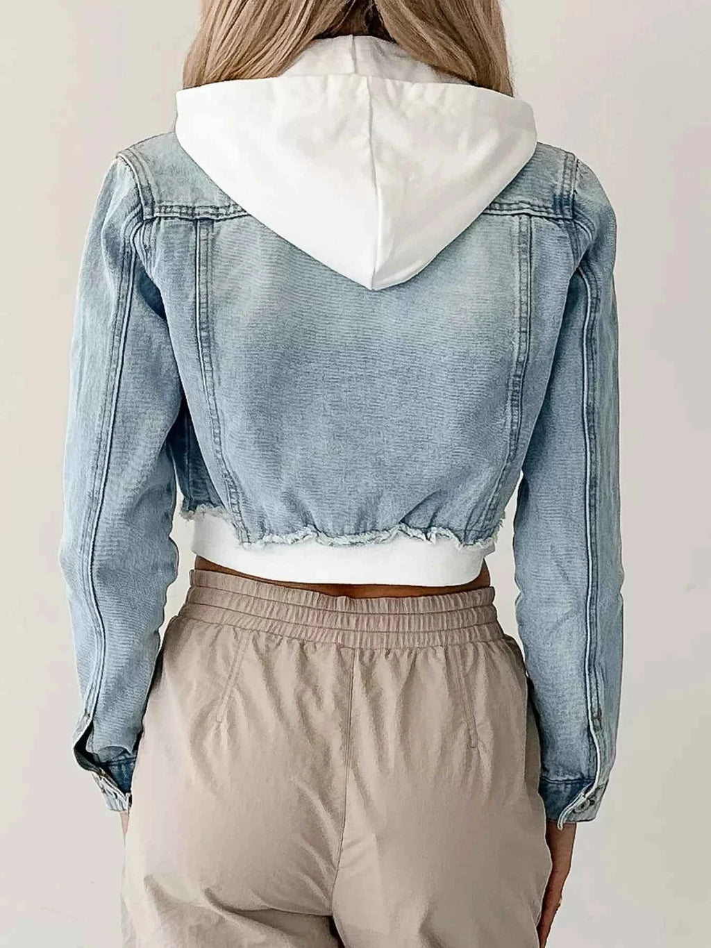 Distressed Zip Up Cropped Hooded Denim Jacket 00db59933dc54fa1af6f26f458584502-Max-Origin