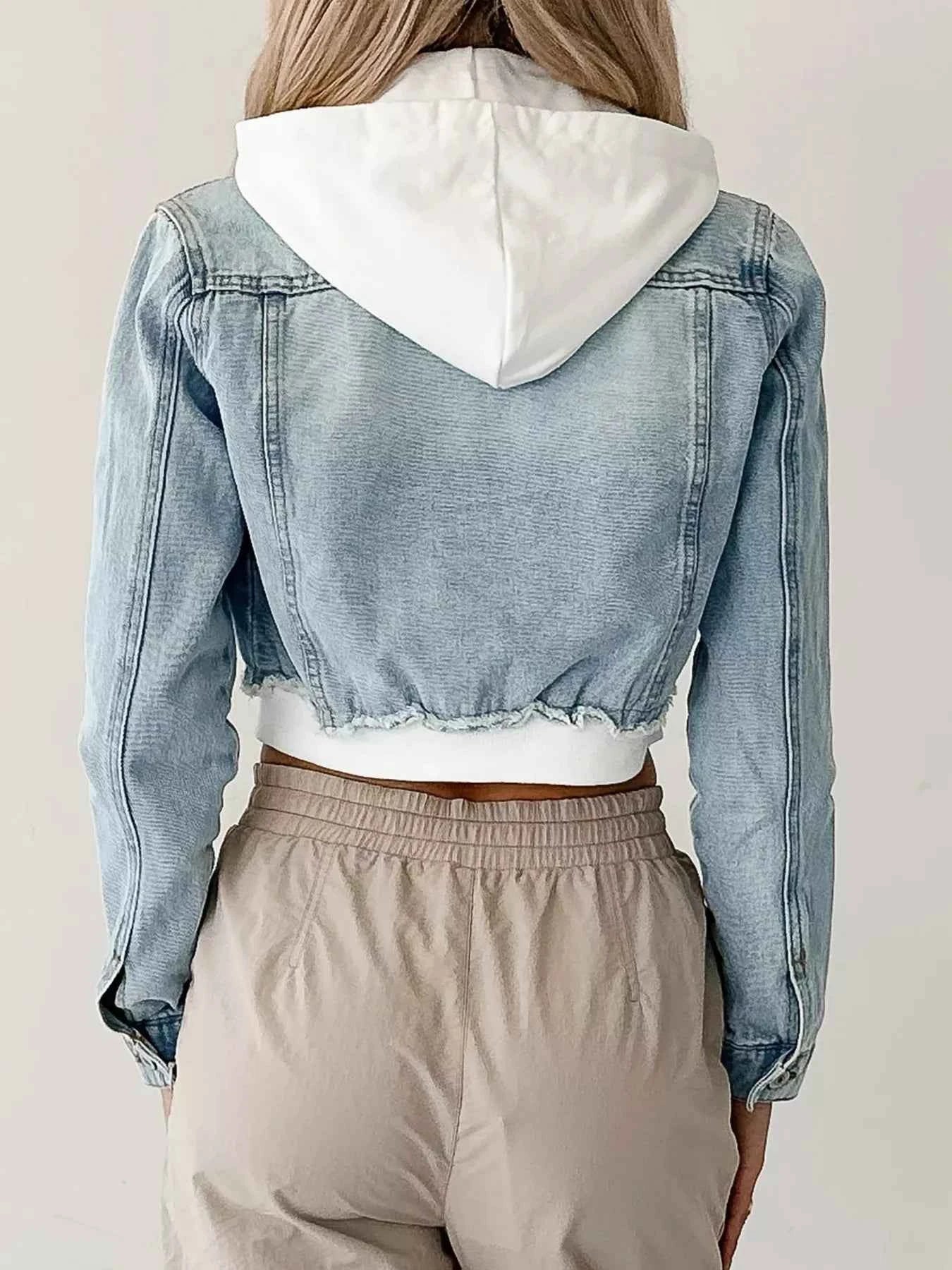 Distressed Zip Up Cropped Hooded Denim Jacket 00db59933dc54fa1af6f26f458584502-Max-Origin