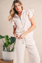 Pink Textured Ruffle Sleeve Zipped Top and Wide Leg Pants Set 00db59eaf1a5d80a