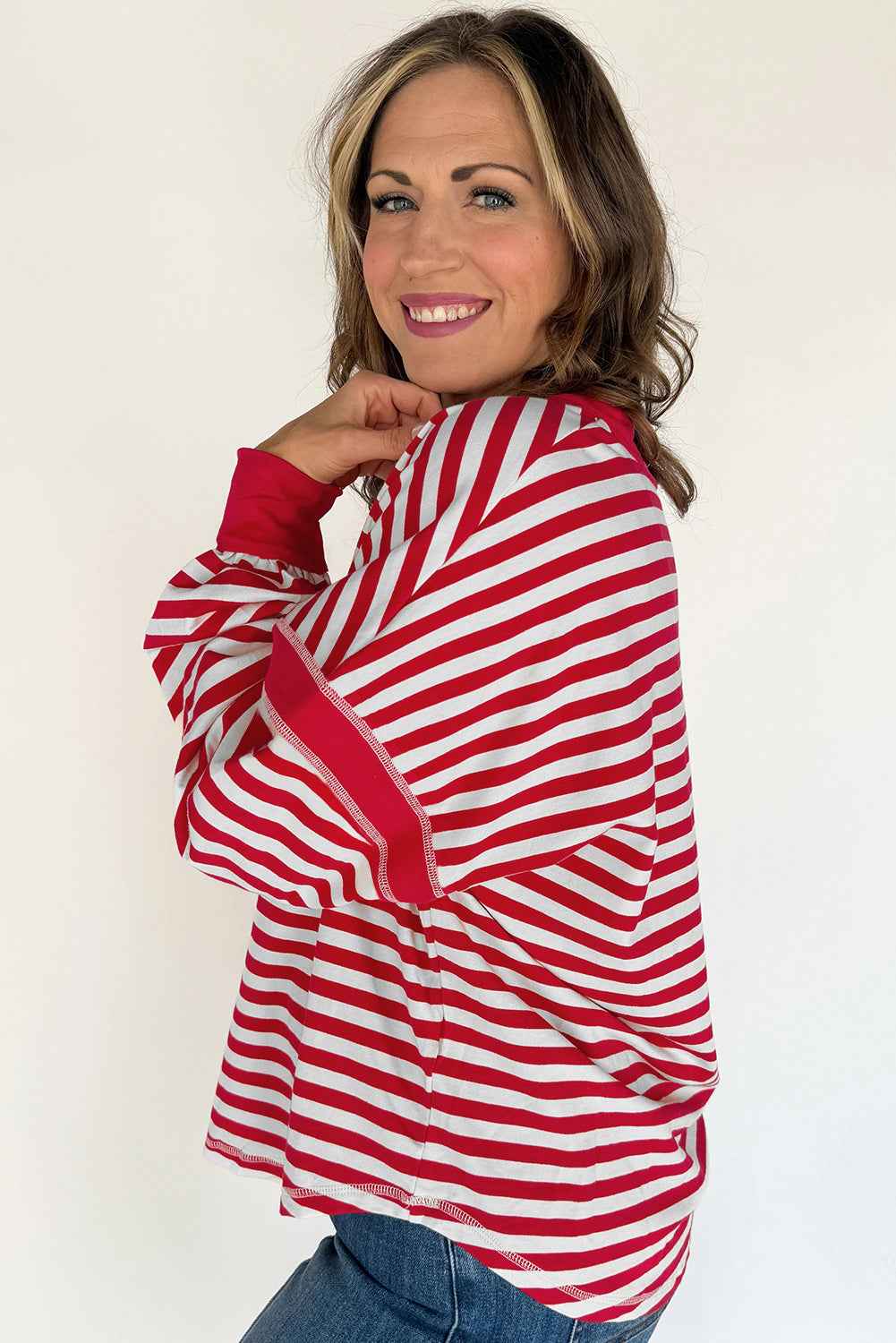Red Striped Balloon Sleeve V Neck Blouse 00db96357a3f15b9