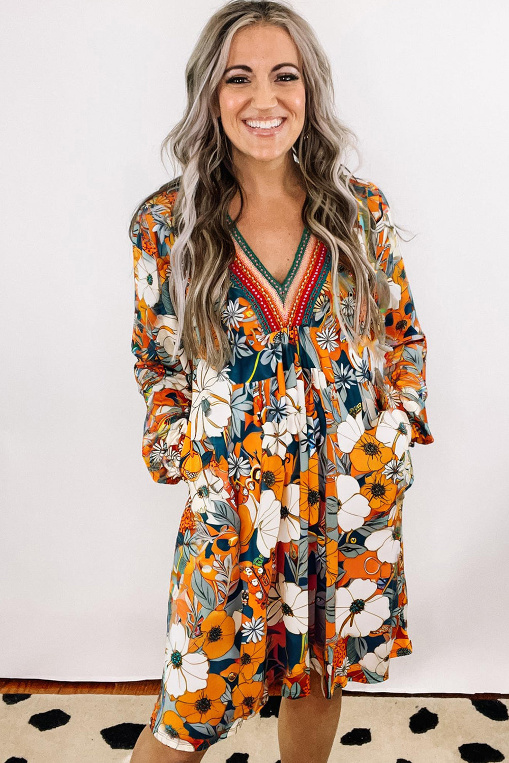 Orange Floral Print Striped Lace V Neck Long Sleeve Mini Dress 00e375def6d39250