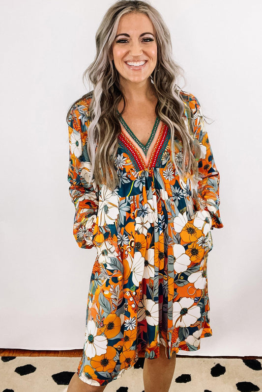 Orange Floral Print Striped Lace V Neck Long Sleeve Mini Dress 00e375def6d39250