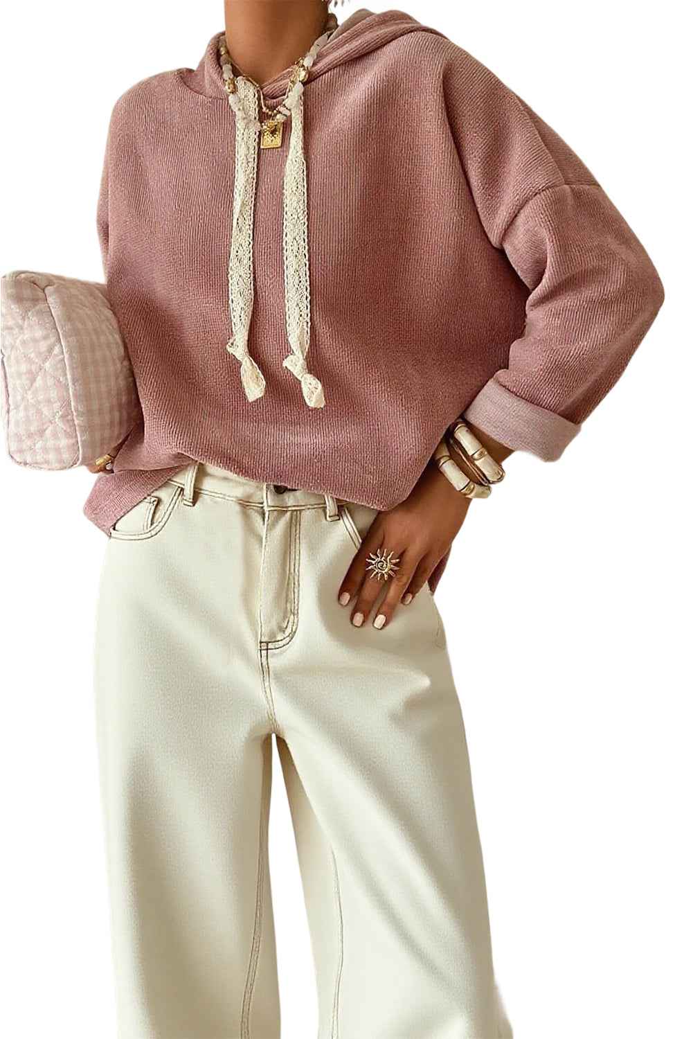 Parchment Thermal Textured Leopard Drawstring Baggy Hoodie 00e7465334074f1a