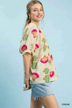 Umgee Abstract Print Blouse with Ruched Detail 00ec2a5c-4aa1-4928-a7cc-9f2d50f54db5-Max-Origin