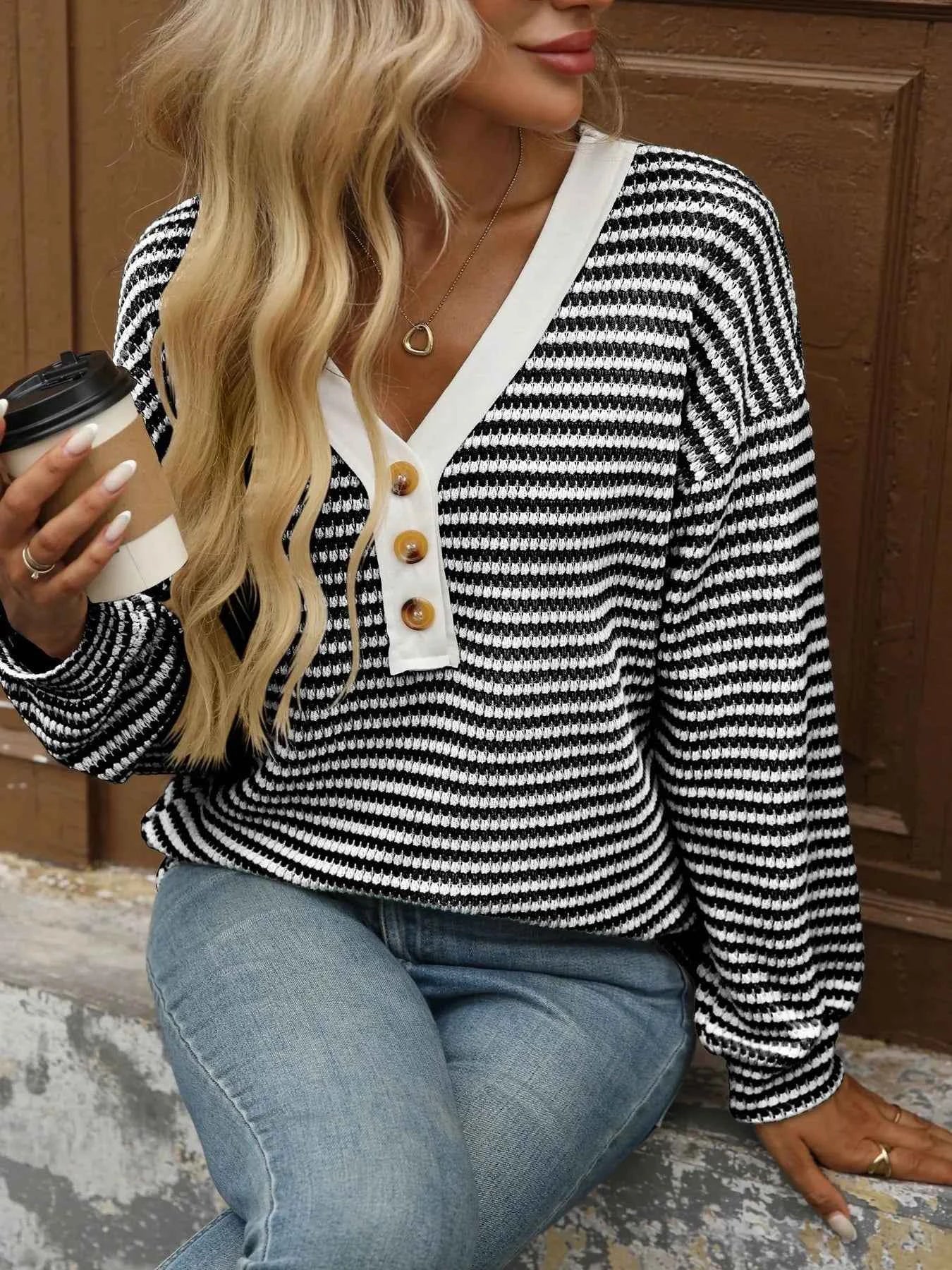 Striped V-Neck Button Front Casual Top 00ed4c9834f8438183c6ccf7fdce663a-Max-Origin