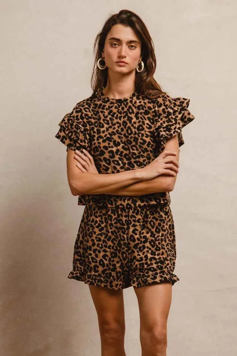 BiBi Leopard Print Waffle Texture Layered Ruffle Sleeve Top and Shorts Set 00f3ac27da3e40c8b6a79f190f17506d-Max-Origin