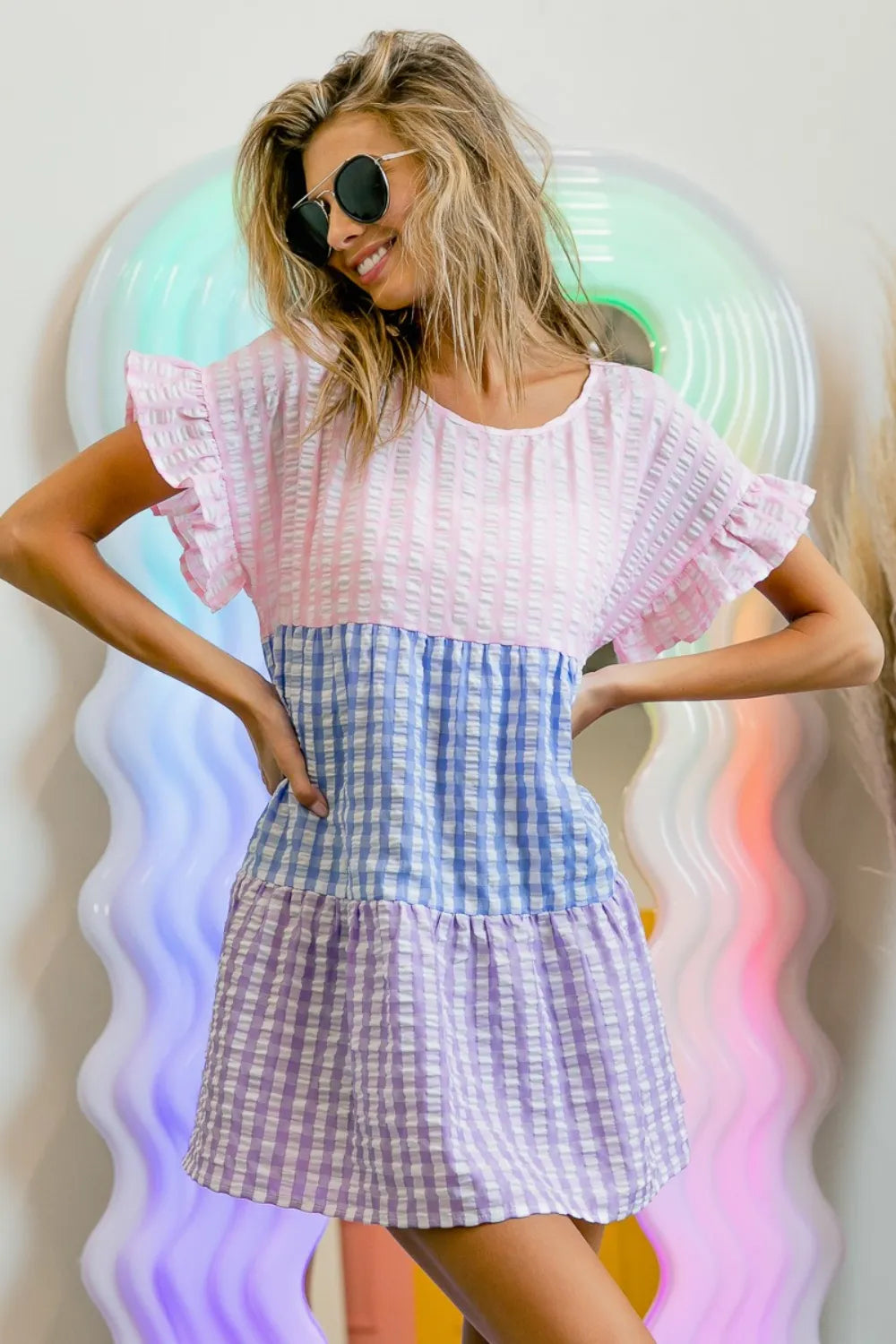 BiBi Plaid Color Block Tiered Top 00f6333e-e267-479b-aeda-3e3a234a3f91-Max