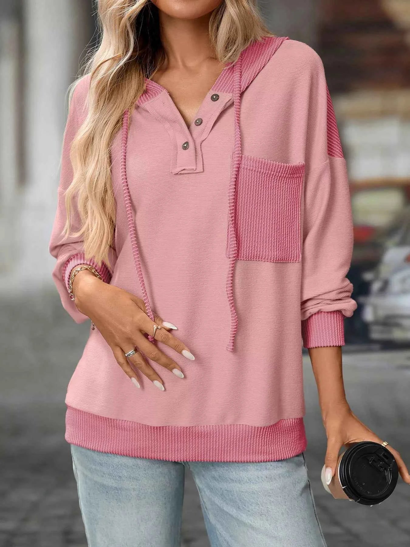 Casual Color Block Button Detail Hoodie Dusty Pink 00f64f65-c8b4-401c-8144-afeb19785cfb-Max-Origin