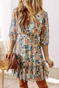 Floral 3/4 Sleeve V Neck High Waist Ruffled Dress Blue 00f9a3f0-a5b6-4a77-948d-c8dfc2e2ae5e