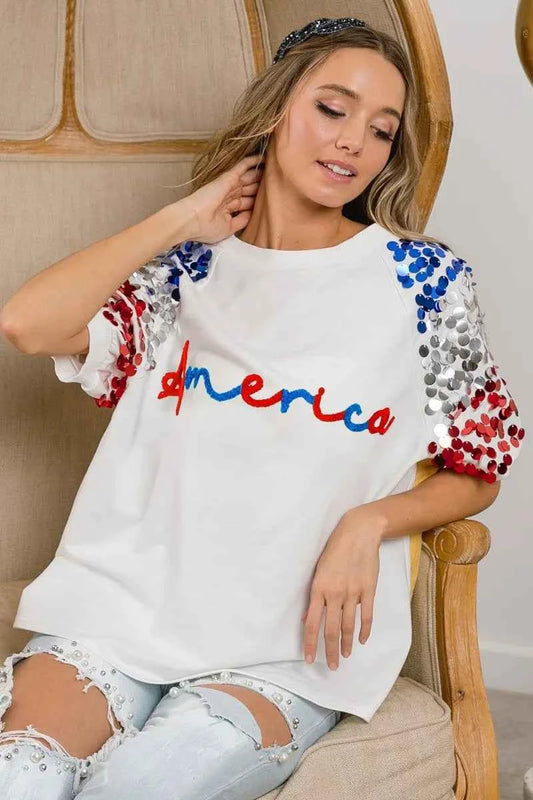 America Letter Applique Spangle Puff Sleeves Top 00fa012410f647d5b54fa54f354c7d7a-Max-Origin