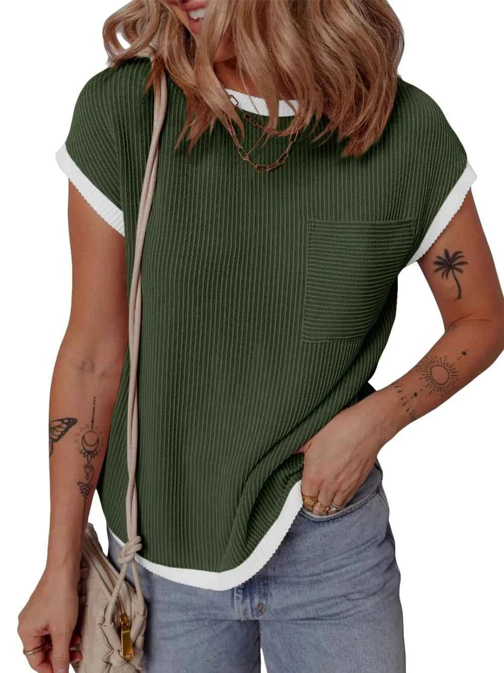 Contrast Trim Round Neck Short Sleeve T-Shirt 00faba4d-bb17-426a-89cc-3e46b3cfa2af-Max