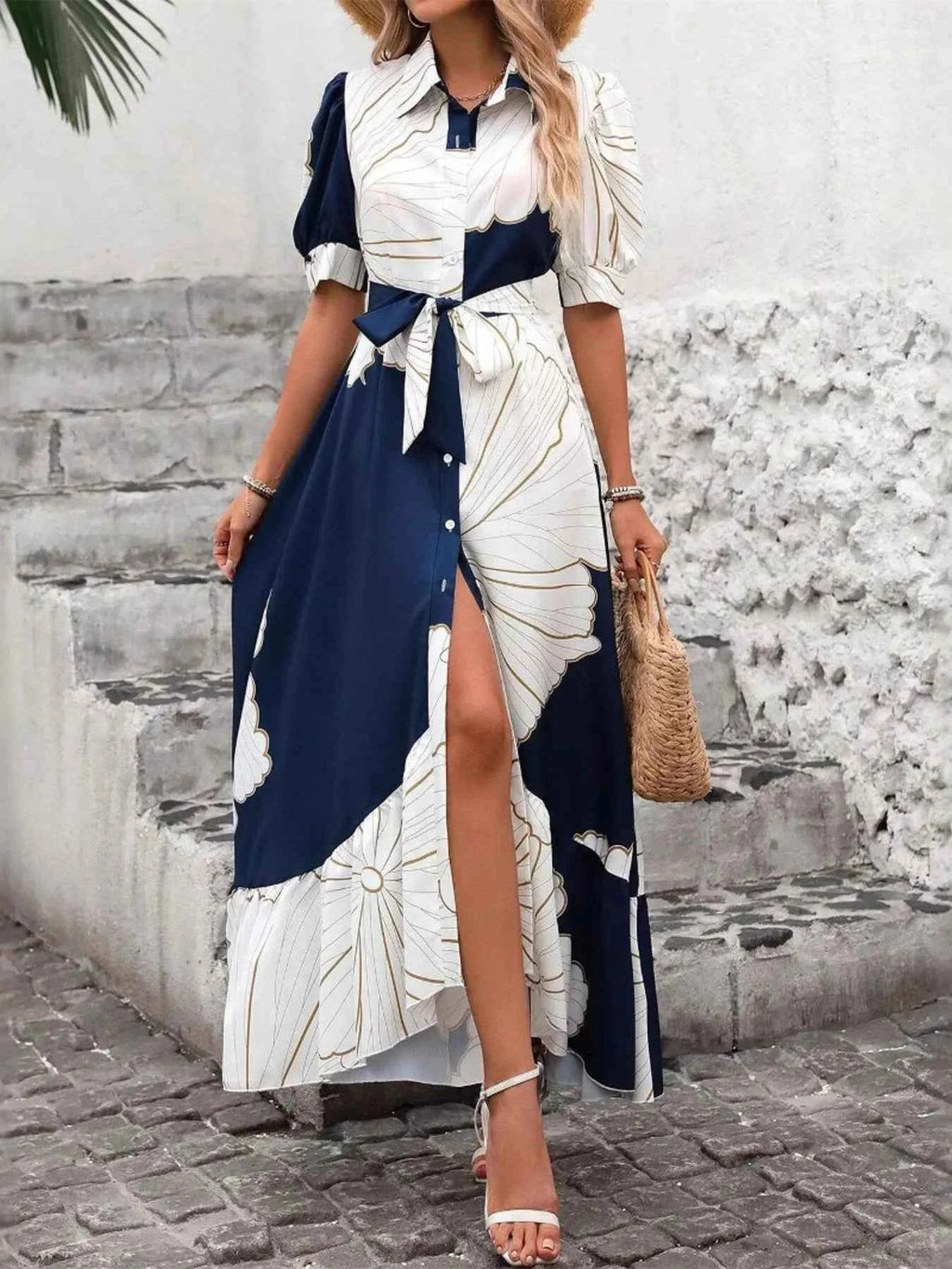 Printed Button Down Half Sleeve Maxi Shirt Dress Navy Blue 00fb5ef6-81fb-4b81-9d78-890e9890a1ca-Max-Origin