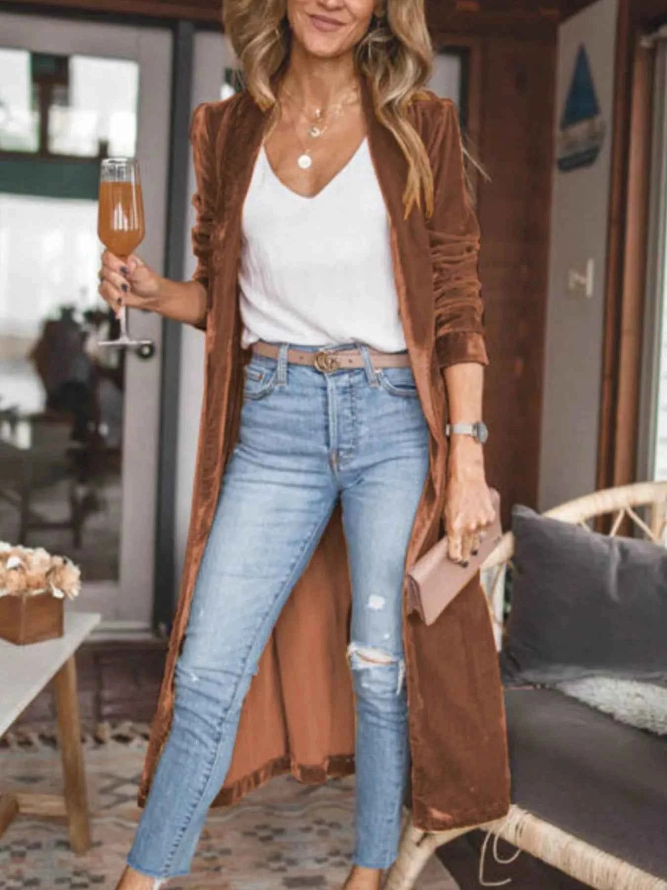 Open Front Long Sleeve Longline Cardigan Dark Brown 0107d140-2a41-4b95-afc8-516e25f6480e-Max-Origin