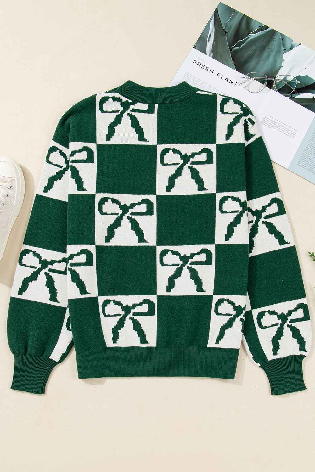 Blackish Green Bow Print Checkered Knit Sweater 010a7fbdd9b8b2c8