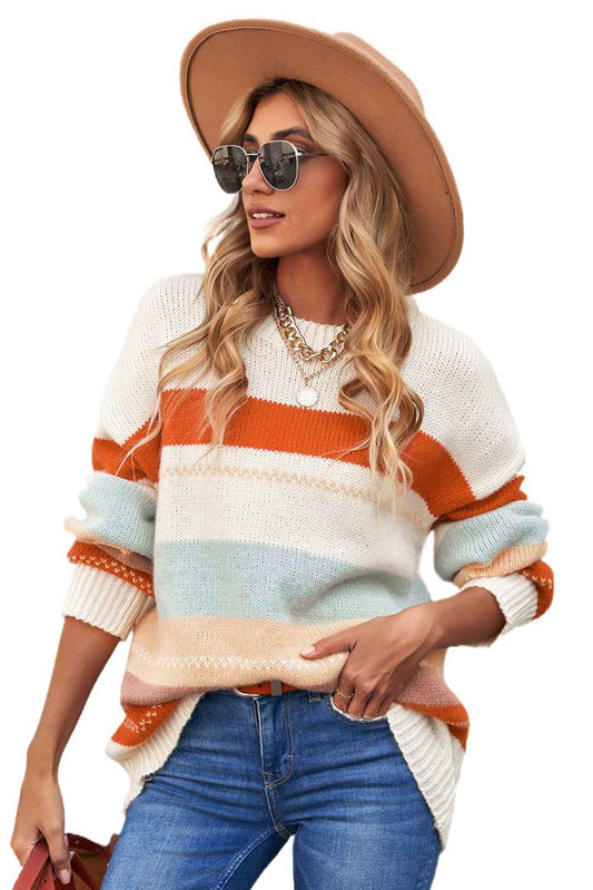 White Striped Color Block Drop Shoulder Knit Sweater 010dc4d132015fde