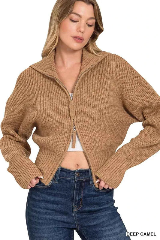 Ribbed Collared Zip Up Sweater Cardigan 01125e859f134f26848fb56623db8ef0-Max-Origin