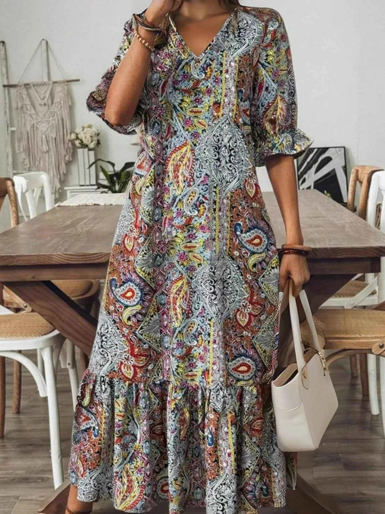 Full Size Bohemian Paisley Print V-Neck Midi Dress Plus Size