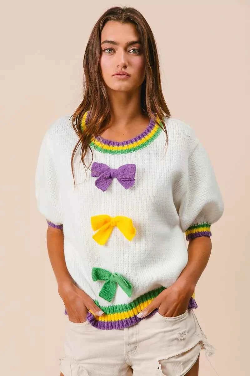 BiBi Short Puff Sleeve Ribbon Bow Mardi Gras Sweater 011979493e4543dbbc26da3738d314d7-Max-Origin
